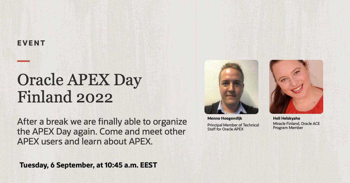 APEX Day Finland 6.9. in Espoo! #orclapex Registration is open. Free to attend! The event is hybrid. If you attend remotely, a Zoom link will be provided closer the event. eventreg.oracle.com/profile/web/in…