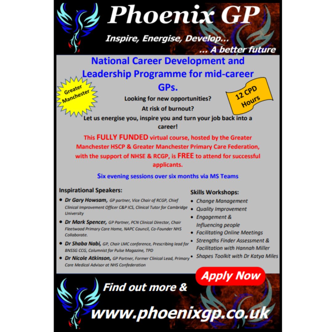 Applications are now open for the next 
<a href="/PhoenixGPProg/">PhoenixGP</a> programme in Greater Manchester.

Find out more and apply at phoenixgp.co.uk

#GPs #CareerDevelopment #Leadership