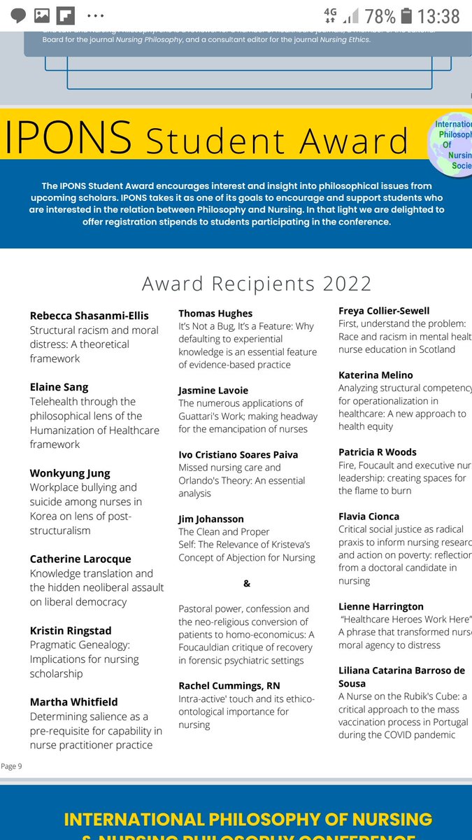 International Philosophy of Nursing Society (@iponsociety) on Twitter photo Congratulations to ALL award recipients who recieved IPONS stipend to attend #IPONS22 conference. Here's a small sneak preview into their stellar abstract topics. PS <a href="/JanetHolt16/">Janet Holt</a> @_radicalnursing <a href="/MarieLouiseLui1/">Dr Marie-Louise Luiking RN</a> <a href="/Marcella_R_Hall/">Marcella Runell</a> @MarthaWhitfield <a href="/salthorne/">Sally Thorne</a> <a href="/martinlipscomb/">Martin Lipscomb (martin.lipscomb.ml@gmail.com)</a> Congratulations to ALL award recipients who recieved IPONS stipend to attend #IPONS22 conference. Here's a small sneak preview into their stellar abstract topics. PS <a href="/JanetHolt16/">Janet Holt</a> @_radicalnursing <a href="/MarieLouiseLui1/">Dr Marie-Louise Luiking RN</a> <a href="/Marcella_R_Hall/">Marcella Runell</a> @MarthaWhitfield <a href="/salthorne/">Sally Thorne</a> <a href="/martinlipscomb/">Martin Lipscomb (martin.lipscomb.ml@gmail.com)</a>