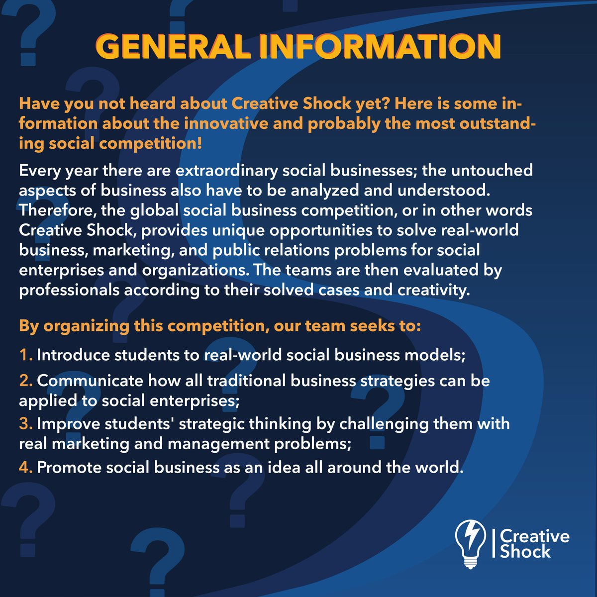 Is there anything you’d like to know about #CreativeShock2022?

Here are the most frequently asked questions we receive! If you have any other inquiries regarding the competition - reach out to us and we’ll gladly provide you with answers!

For more information check our bio