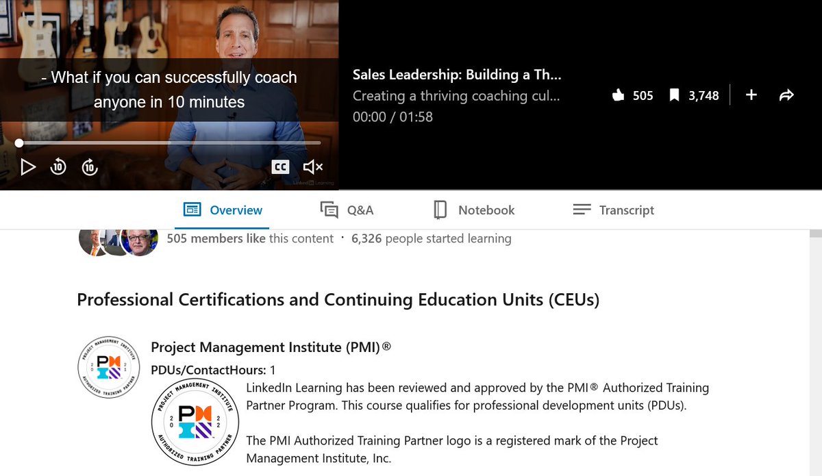 I'm excited to hear that my @LinkedIn Learning course, #SalesLeadership, How to Create a thriving Coaching Culture, has been reviewed & approved by the Project Management Institute Authorized Training Partner Program & qualifies for PDU's! 🔥🙌🏼👉linkedin.com/learning-login…