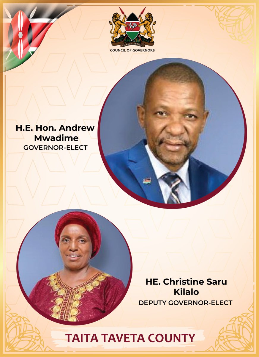 Council of Governors (@kenyagovernors) on Twitter photo We congratulate H.E Andrew Mwadime, Governor Elect and H.E Christine Saru Kilalo Deputy Governor Elect Taita Taveta County. H.E Mwadime previously served as a Member of Parliament, Mwatate Constituency, a position he held for 10 years. We congratulate H.E Andrew Mwadime, Governor Elect and H.E Christine Saru Kilalo Deputy Governor Elect Taita Taveta County. H.E Mwadime previously served as a Member of Parliament, Mwatate Constituency, a position he held for 10 years.