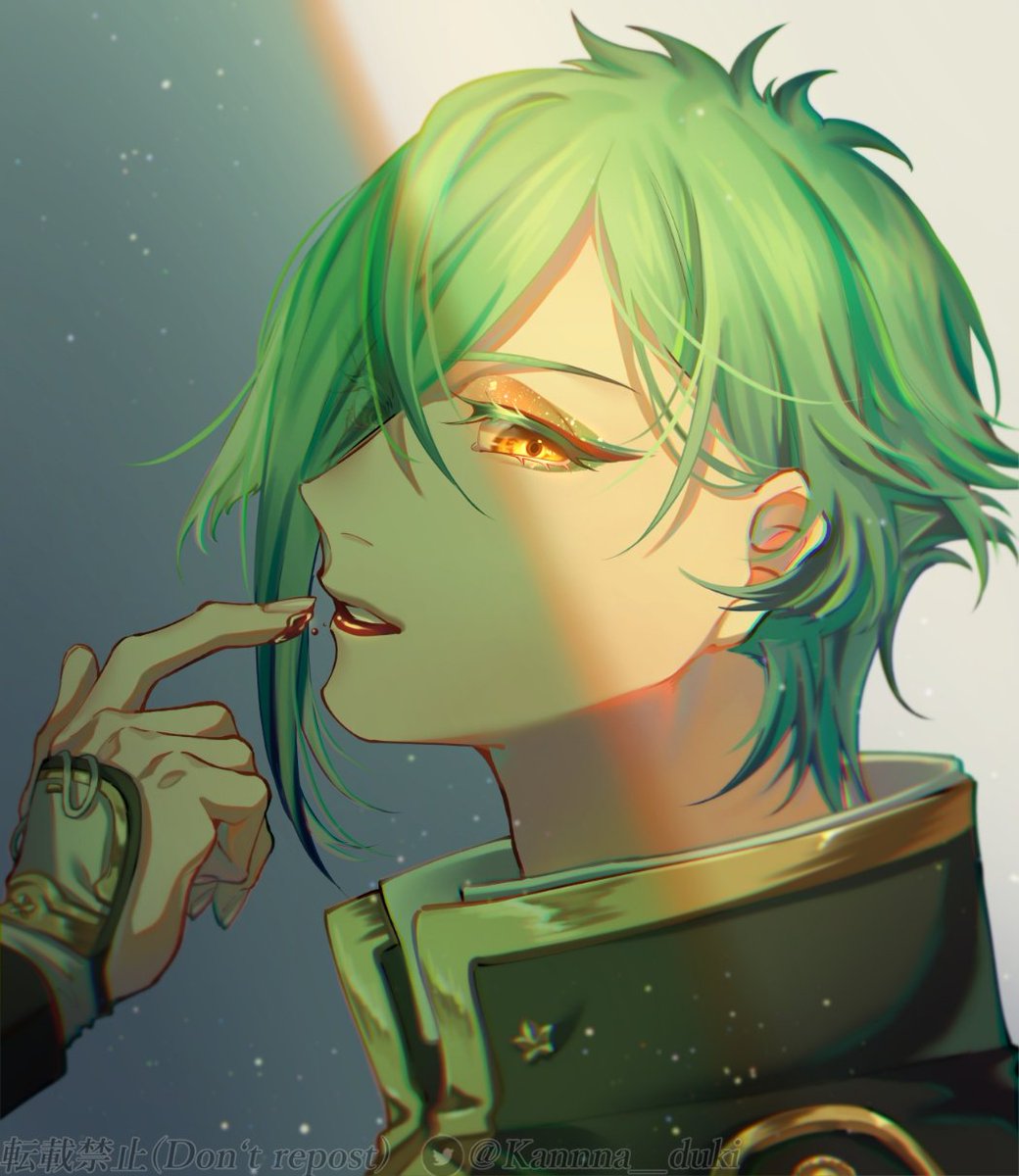 1boy male focus green hair solo yellow eyes looking at viewer hair over one eye  illustration images