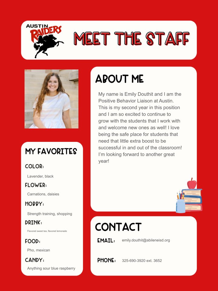 Time to meet our campus Social Worker, Behavior Coordinator, CHAMPS Coach, and Positive Behavior Support Liaison at Austin Elementary! <a href="/abileneisd/">Abilene ISD</a>