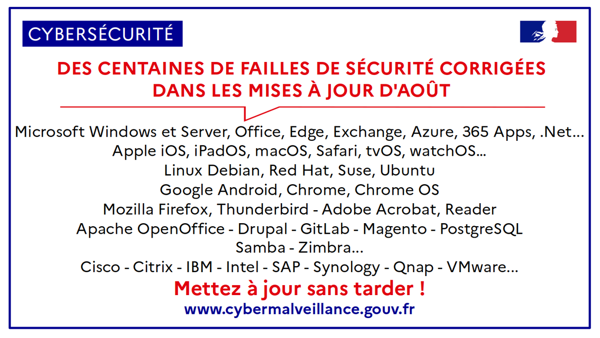 [🛡️#Cybersécurité] Des centaines de #failles de #sécurité corrigées dans les mises à jour d'août

⚠️ Certaines de ces failles sont critiques et utilisées par des criminels

➡️ Mettez à jour PC, #téléphones, serveurs... sans tarder !

+infos <a href="/CERT_FR/">CERT-FR</a> : cert.ssi.gouv.fr/avis/