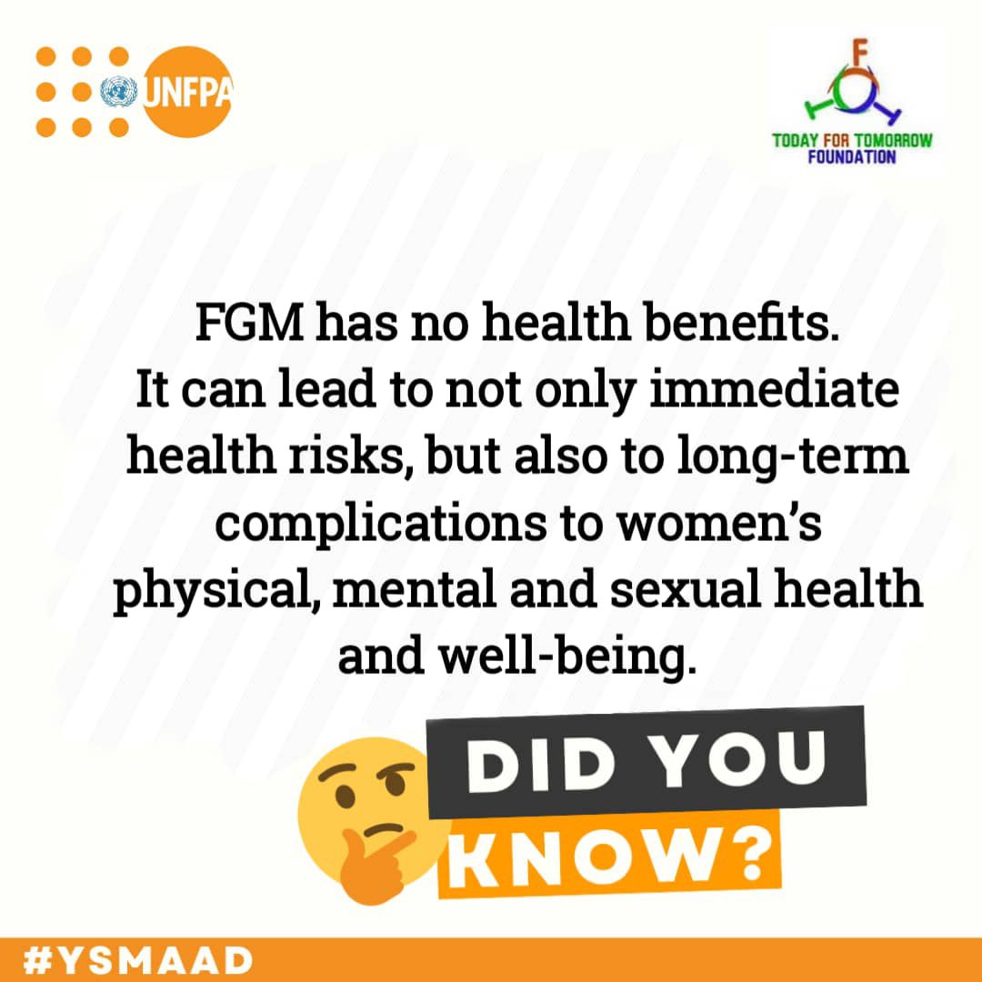 Hey! Don’t let anyone confuse you. There is no single benefit to female genital mutilation. 

#ysmaad 
#buildingthefuture 
#stopFGM

@UNFPANigeria @WRAPANG @wsarah792 @KorieUNFPA @StandtoEndRape @together4girls @UNGEI @ThatGirlTinuke @AU_YouthEnvoy @murima_p @youthhubafrica