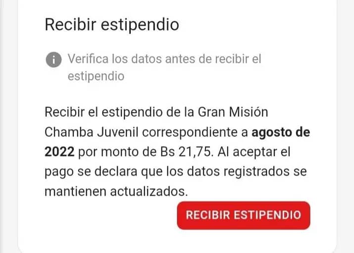 🚨 #ATENCIÓN: Inicio la liberación del pago del Estipendio de la Gran Misión #ChambaJuvenil y Movimiento Social #SomosVenezuela (agosto 2022) a través del Sistema <a href="/CarnetDLaPatria/">Carnet de la patria</a> enviado por nuestro Pdte. <a href="/NicolasMaduro/">Nicolás Maduro</a>.

📌 Monto en Bs. 21,75

<a href="/BonosSocial/">Bonos Protectores Social Al Pueblo</a>
#VenezuelaEmprende