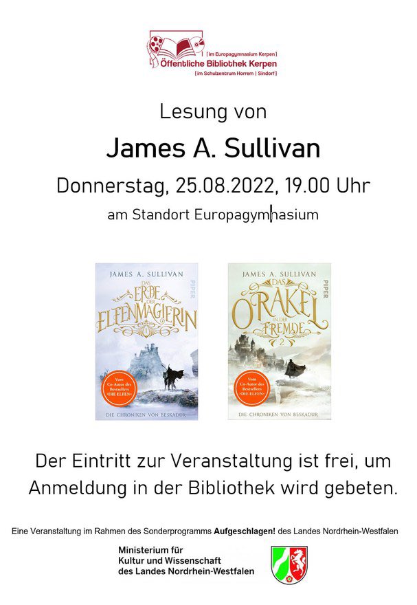 In einer Woche lese ich in Kerpen aus »Die Chroniken von Beskadur«.🙂💚

Donnerstag, 25.8., 19 Uhr
Bibliothek des Europagymnasium Kerpen 
Eintritt: frei; um Anmeldung in der Bibliothek wird gebeten.

gymnasiumkerpen.eu/aktuelles/lesu…