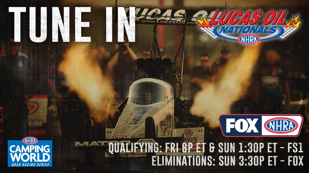 WATCH the action from the @Lucas_Oil #BrainerdNats this weekend with #NHRAonFOX! Qualifying: Friday at 8p ET on @FS1 Sunday at 1:30p ET on FS1 Eliminations: Sunday at 3:30p ET on @FOXTV