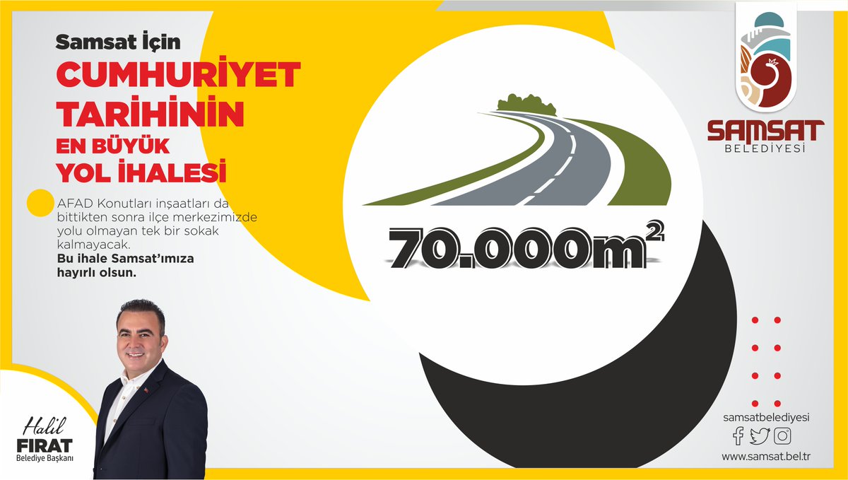 Samsat Belediyesi (@samsatbelediye1) on Twitter photo Bugüne kadar Samsat'ta yapılan yolların tamamından fazla bir yol ihalesine çıkıyoruz. Tam 70 bin m2. AFAD Konutları inşaatları da
bittikten sonra ilçe merkezimizde yolu olmayan tek bir sokak kalmayacak.
Bu ihale Samsat’ımıza hayırlı olsun.
<a href="/halilfrat2/">halil fırat</a>
Samsat Belediye Başkanı Bugüne kadar Samsat'ta yapılan yolların tamamından fazla bir yol ihalesine çıkıyoruz. Tam 70 bin m2. AFAD Konutları inşaatları da
bittikten sonra ilçe merkezimizde yolu olmayan tek bir sokak kalmayacak.
Bu ihale Samsat’ımıza hayırlı olsun.
<a href="/halilfrat2/">halil fırat</a>
Samsat Belediye Başkanı