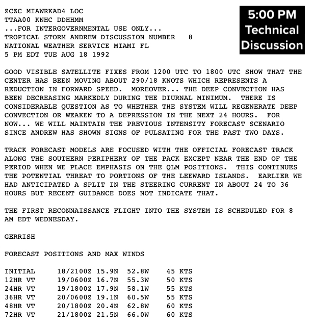 HURRICANE ANDREW TIMELINE: 30 years ago today, the system was sputtering. Winds were 50 mph but pulsing. The discussion said it might weaken to a depression. We weren't paying much attention in South Florida. It was less than 6 days from landfall. More at HurricaneIntel.com
