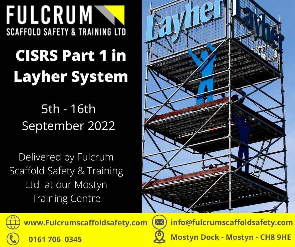 Fulcrum Scaff Safety (@fulcrum_safety) on Twitter photo CISRS Part 1 Layher course available 5th - 16th September.
Limited places.
To book contact us on Info@fulcrumscaffoldsafety.com
fulcrumscaffoldsafety.com
0161 706 0345 CISRS Part 1 Layher course available 5th - 16th September.
Limited places.
To book contact us on Info@fulcrumscaffoldsafety.com
fulcrumscaffoldsafety.com
0161 706 0345
