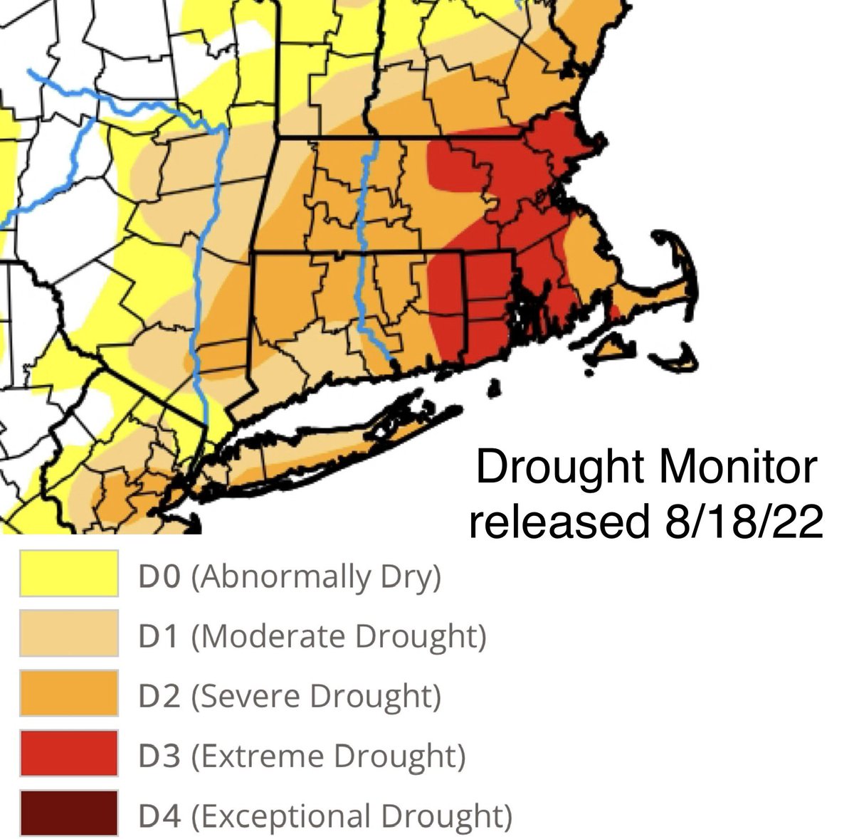 Eweather13's tweet photo. Areas of extreme drought have now expanded across E MA, covers RI &amp; is into E CT as well. Released today w/ data through Tues 8am. Not a good look - esp w/ the big underperformer yesterday &amp; no widespread soakings on the horizon. Hoping for some rain early next week. https://t.co/aWNw6UHvRV