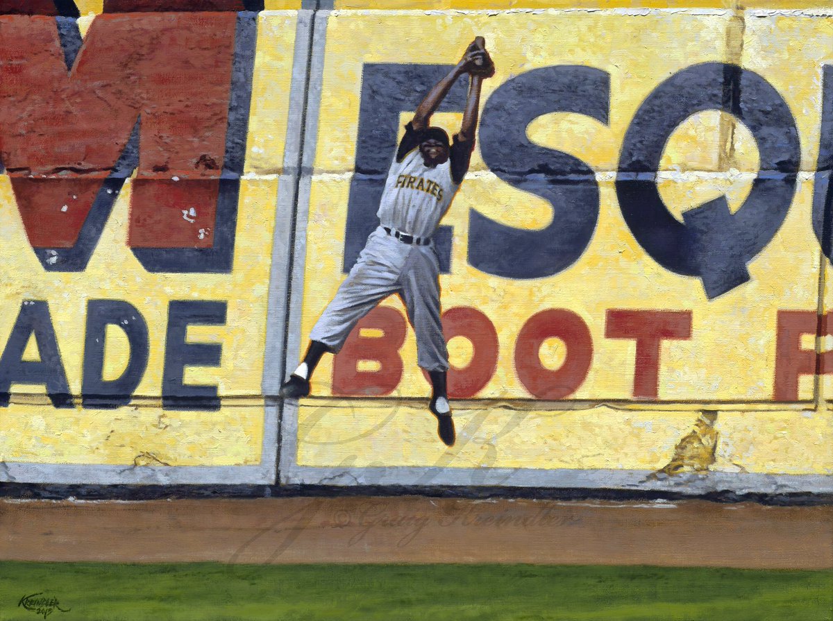 GraigKreindler's tweet photo. #OTD in 1934, Roberto Clemente was born in Barrio San Antón, Carolina, Puerto Rico. Here’s my painting of him spearing a Pee Wee Reese line drive in early July of 1955. Look familiar, @Topps? https://t.co/Xu5cvFS8bm