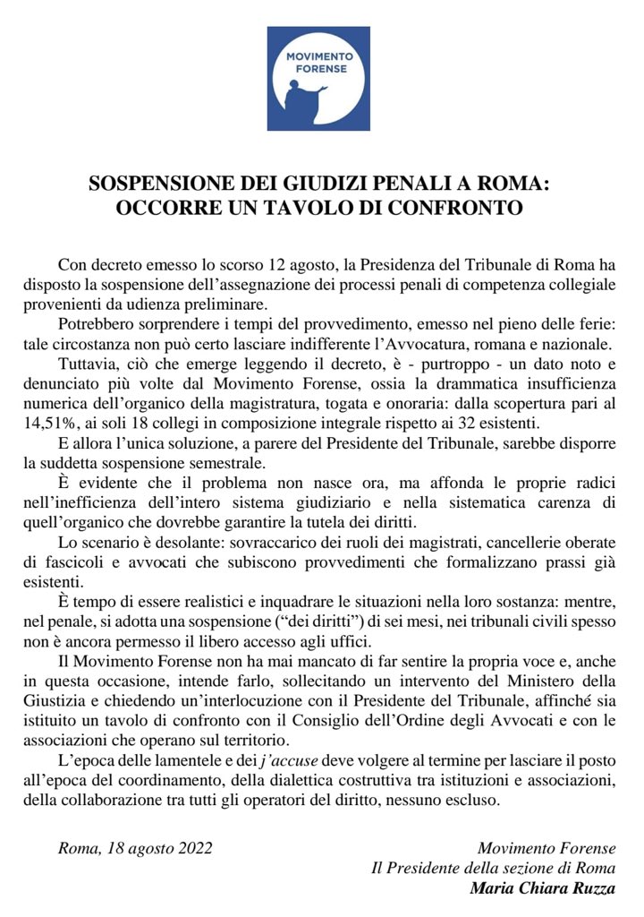 Movimento Forense #Roma #comunicato <a href="/alalumia/">Nino La Lumia</a> <a href="/MCesali/">Massimiliano Cesali</a> <a href="/marichiruzza/">Maria Chiara Ruzza</a> “SOSPENSIONE DEI GIUDIZI PENALI”