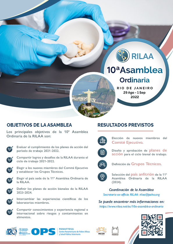 La Red Interamericana de Laboratorios de Análisis de Alimentos (RILAA) invita a todos sus miembros a la 10ª Asamblea Ordinaria que se celebrará entre los días 29 de Agosto y 1 de Septiembre de 2022 en Río de Janeiro, Brasil.
rilaa.net/es/10a-asamble…