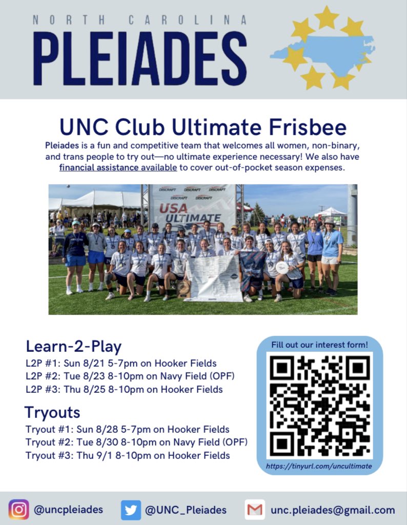 UNC_Pleiades's tweet image. ⬇️All our Learn to Play and tryout info⬇️