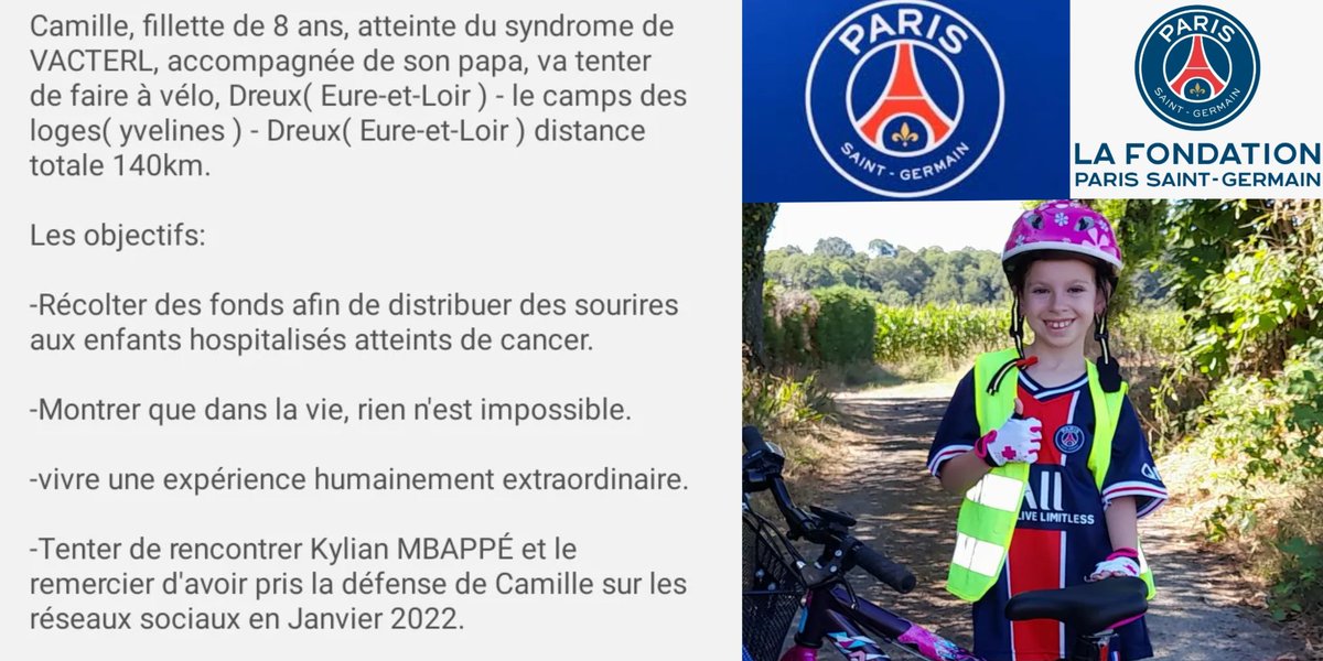 1SourireCamille's tweet photo. URGENT🚨

Le défi de Camille J-4

En accord avec la @FondationPSG 
L'arrivée de la petite guerrière ne se fera pas au Camp des Loges mais au Parc des Princes
Arrivée au Parc le 24/08 à 13h

Dreux❤️Parc des Princes💙Dreux
160 km à vélo pour les enfants hospitalisés🎗

#TeamPSG https://t.co/VkUz5EFKQN