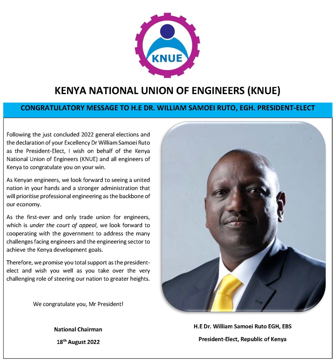 We congratulate you, Mr President, <a href="/WilliamsRuto/">William Samoei Ruto, PhD</a>