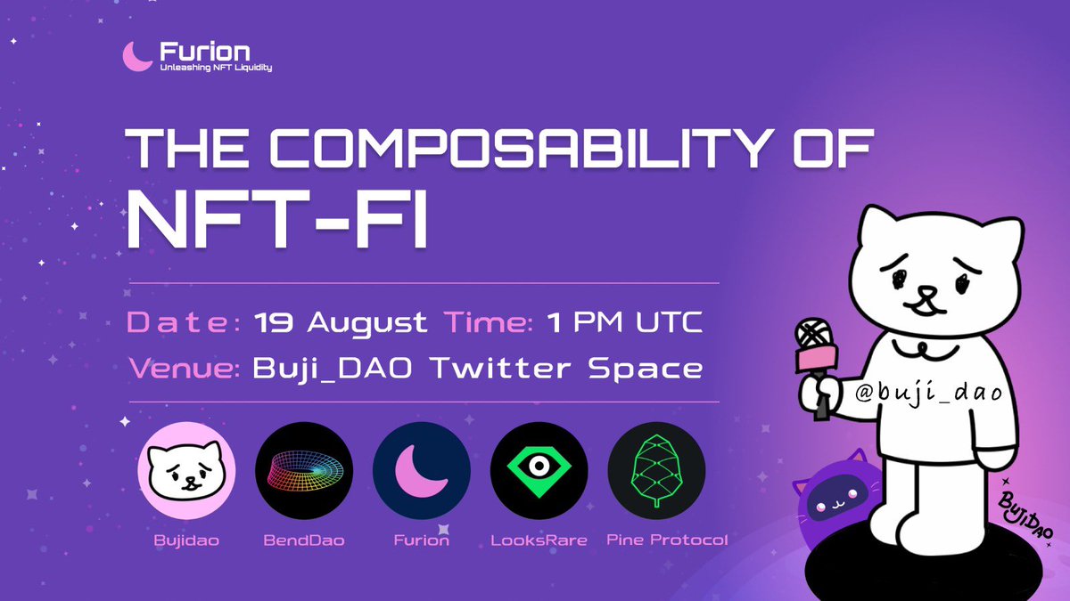 ProjectFurion's tweet photo. Purrr-fect🤤 Do you know what is BujiDAO in Chinese? 

It means 'I don't know'👀 Meoww, but fuwa🌸 knows what's happening!

@Buji_DAO, @bendDAO, @looksrare, @PineLoans and #Furion will be having a casual but informative discussion on #NFT-Fi tomorrow on #bujidao' twitter space☄️ https://t.co/Ivm2jUdpco
