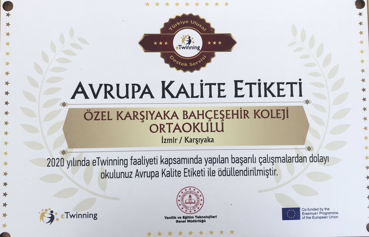 BKkarsiyaka's tweet photo. eTwinning faaliyeti kapsamında yapılan başarılı çalışmalarından dolayı okulumuz “Avrupa Kalite Etiketi” ile ödüllendirilmiştir. Danışman öğretmenimiz Ceyda Basmacı’ya emekleri için teşekkür ederiz. https://t.co/ANYvCtfcq2