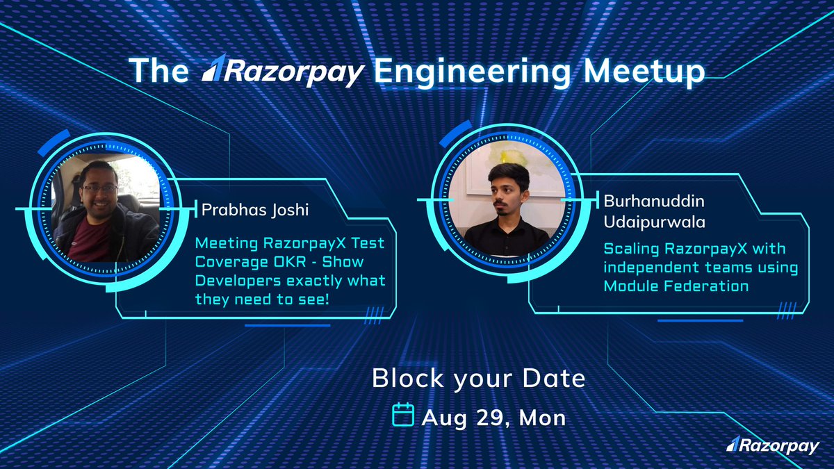 RazorpayTech's tweet image. Block your calendars for the #RazorpayEngineeringMeetup- frontend edition, with our #frontendengineers @probosckie and @burhanuday. Register now: razorpay.zoom.us/webinar/regist…