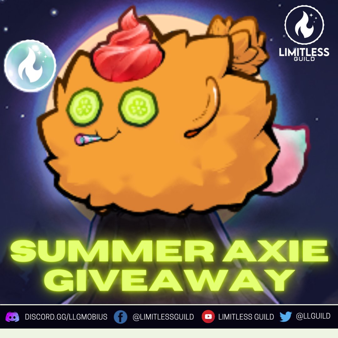 3 SUMMER PART AXIE GIVEAWAY 💜

✅Follow <a href="/LLGuild/">☀️ LedgerLegends</a> <a href="/LucasLow_LLG/">Lucas Low</a> @Queen_LLGMobius @Crypto3nigmatwt
✅Retweet this post
✅Tag 3 Friends
✅Drop the screenshot you followed them!
✅Join our discord server discord.gg/fMsvCMfQ9N

🗓️ Announce on August 19, 2022 🔥