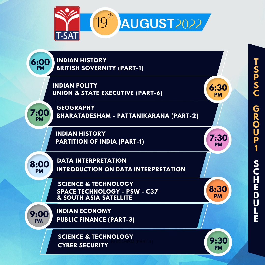 TSATnetwork's tweet photo. ๐ด TSPSC Group-1 Classes Telecast Timings - 19th August 2022
#TelanganaTSAT
#Group1Classes https://t.co/bCu2z5JIsc