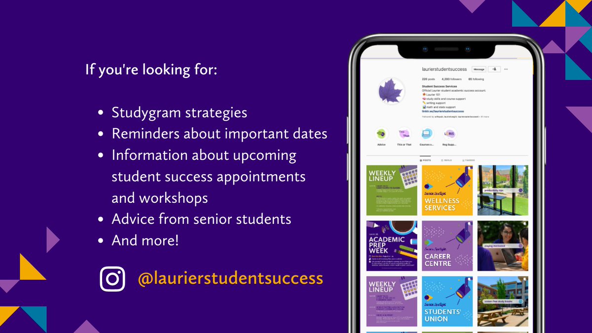 Golden Hawks, are you looking for: 🗓 important dates 🧠 study skills and course support ✏️ writing support 📊 math and stats support Follow the official Laurier student academic success account on Instagram: @LaurierStudentSuccess.