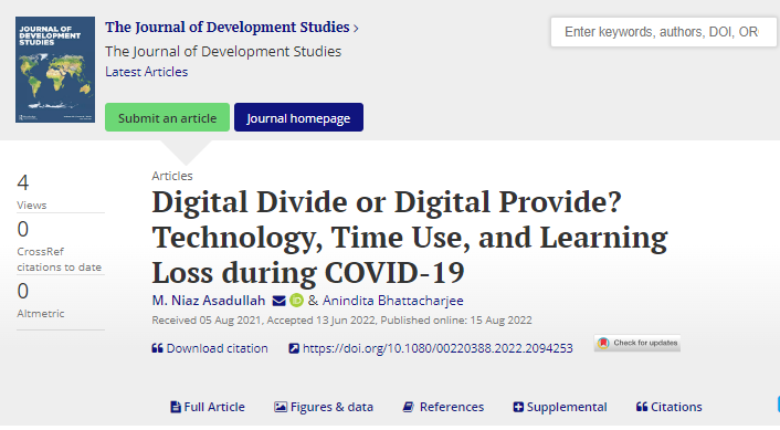 JDevStudies's tweet photo. New in #JDevStudies: @Niaz_Asadullah &amp; Bhattacharjee unpack how learning time at home during the early months of #COVID19 school closures varies by access to technology at home in Bangladesh 🇧🇩

@MonashMalaysia @Glabor_org @save_children 

https://t.co/Bd9xjRSUku https://t.co/kMuoMgEAih