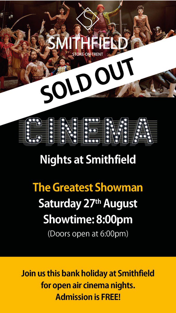 SmithfieldST1's tweet photo. Our Saturday showing of ‘The Greatest Showman’ has now SOLD OUT! 👏

Be quick to grab your tickets for Friday’s ‘Back To The Future’ 🎫

Get yours via https://t.co/NZdPh60K00 📽 https://t.co/gtNwWUrktI