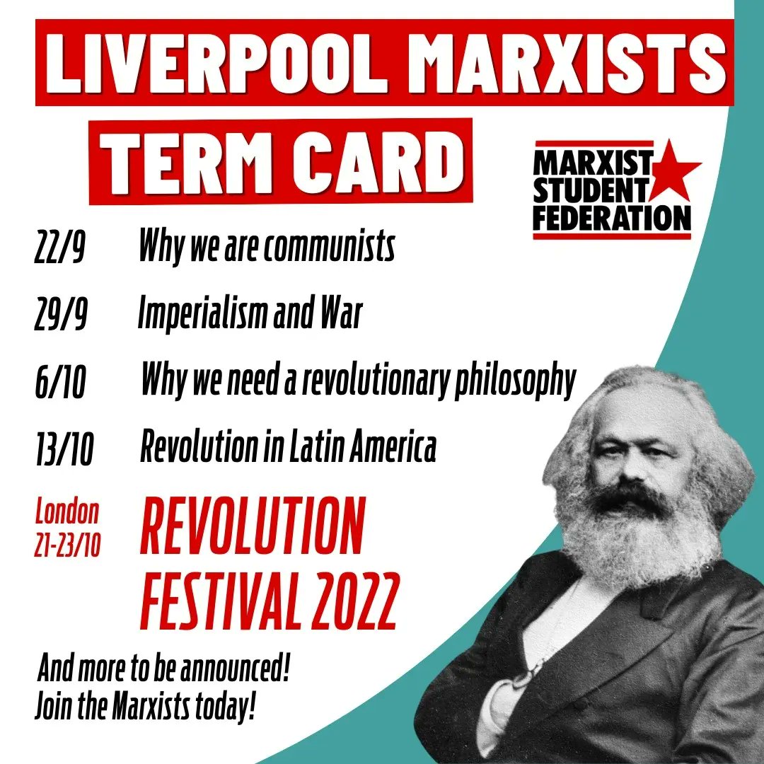 LivMarxSoc's tweet photo. See our term card below to see what other topics we will be covering. See you on the 22nd!
#university #freshers2022 #freshers #AlevelResultsDay2022 #Alevels  #Liverpool #universityofliverpool #ljmu #LIPA #liverpoolhopeuniversity #edgehilluniversity #liverpoolfreshers #resultsday https://t.co/qtFfPjCB33