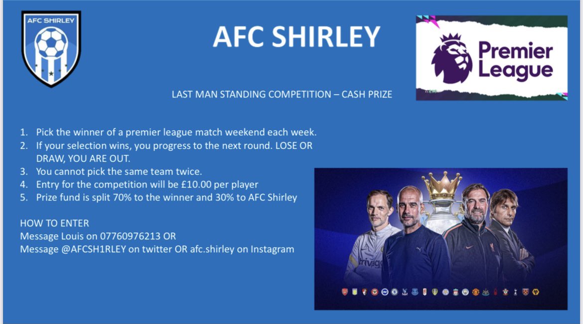 AFCSH1RLEY's tweet image. We will be running a last man standing competition starting with premier league fixtures for Matchday 4 of the premier league - 27/08/22 28/08/22. Open to anyone who is interested

Details on how to enter and rules can be found on the attached. Last entry is Saturday 27th 11:30am