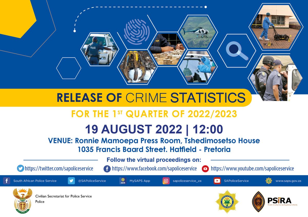 GovernmentZA's tweet photo. At 12h00 South African Police releases Crime Statistics for the 1st quarter of 2022/2023 https://t.co/8uynCzokVQ