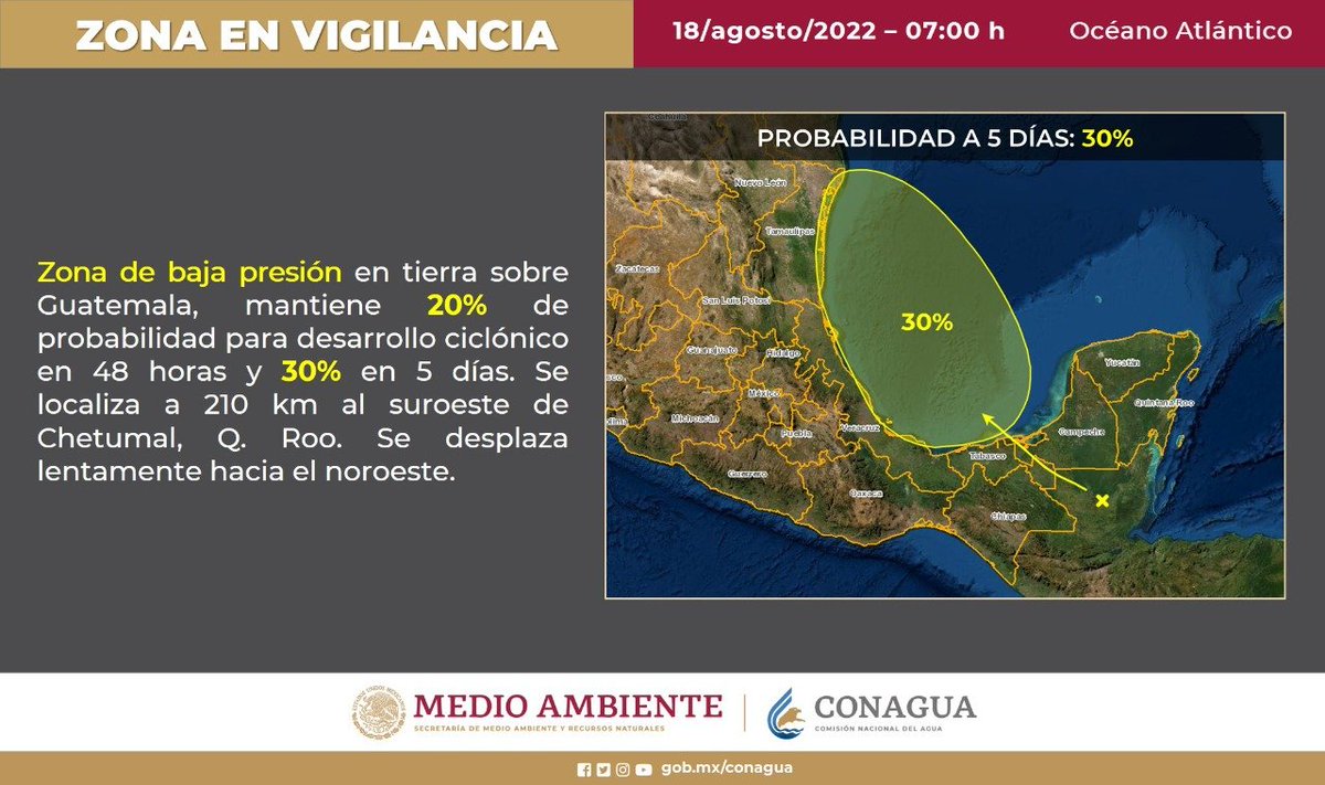 ⚠️ ZONA EN VIGILANCIA
Zona de baja presión en tierra sobre Guatemala,  mantiene 20% de probabilidad para desarrollo ciclónico en 48 horas y 30% en 5 días. Se localiza a 210 km al suroeste de Chetumal,  Q. Roo. Se desplaza lentamente hacia el noroeste. ⬇️
 
#PrevenirEsVivir