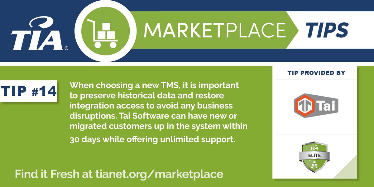 TIA - Transportation Intermediaries Association (@tianetdotorg) on Twitter photo The TIA Marketplace is designed to provide TIA Members with exclusive offers while also serving as a destination for the latest news, information, and updates from @3PLAssociation. This week's #MarketplaceTip is brought to you by <a href="/Tai_Software/">Tai Software</a>. Visit: bit.ly/3rWhaCz The TIA Marketplace is designed to provide TIA Members with exclusive offers while also serving as a destination for the latest news, information, and updates from @3PLAssociation. This week's #MarketplaceTip is brought to you by <a href="/Tai_Software/">Tai Software</a>. Visit: bit.ly/3rWhaCz