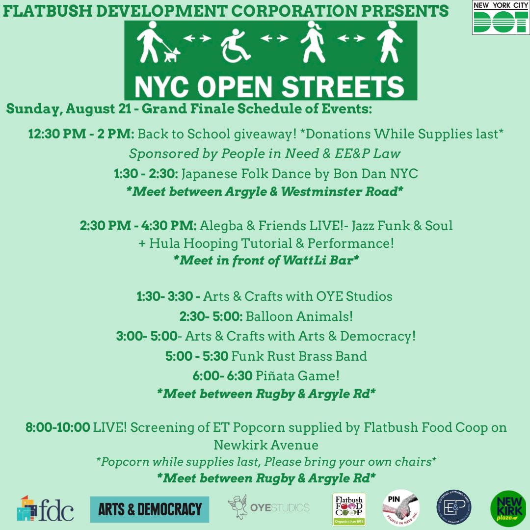 Don't miss our Newkirk Ave Open Streets GRAND FINALE! This Sunday with all day family fun activities! Back to school giveaway, kids activities, music & more!