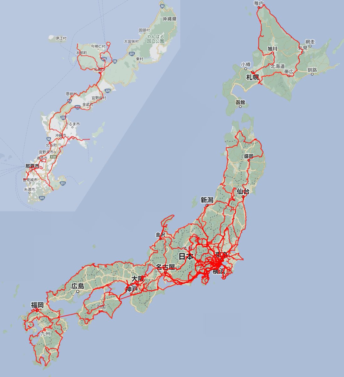 mv2r1's tweet photo. チャリとバイク 全経路
バイクで沖縄以外走破した
チャリ53% バイク98% 合わせて100%
#日本一周
#バイク
#チャリ https://t.co/F8ZxS9Gm7z