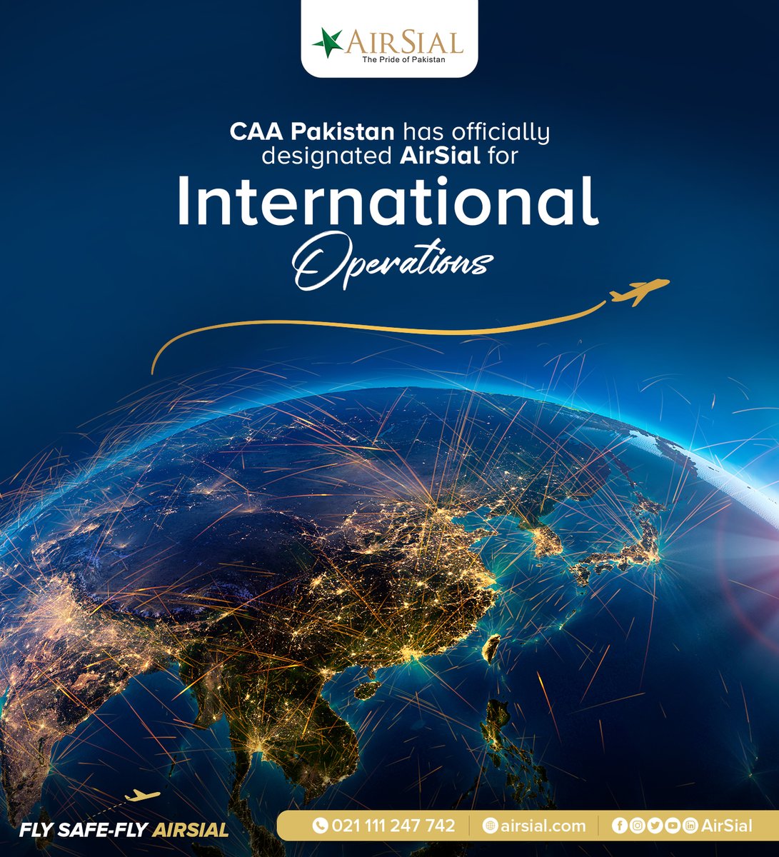 airsial's tweet photo. Alhumdulillah CAA Pakistan has officially designated AirSial for #InternationalOperations 🌍✈️
#AirSial - The Pride of #Pakistan #flysafe #flyairsial https://t.co/EyiVCNv5k8