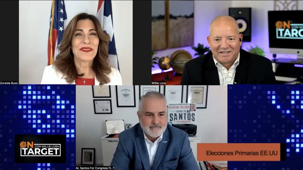 OnTarget_news's tweet photo. .@lora_media junto a la senadora shadow por Puerto Rico, @ZoraidaBuxo, y el Teniente Coronel #AlSantos, candidato al Congreso por el distrito 7 de FL, analizaron el posible escenario de las elecciones de medio término en 🇺🇸. 

Escúchalo aquí: https://t.co/No3UMXq9lx https://t.co/KSadnDAOLi