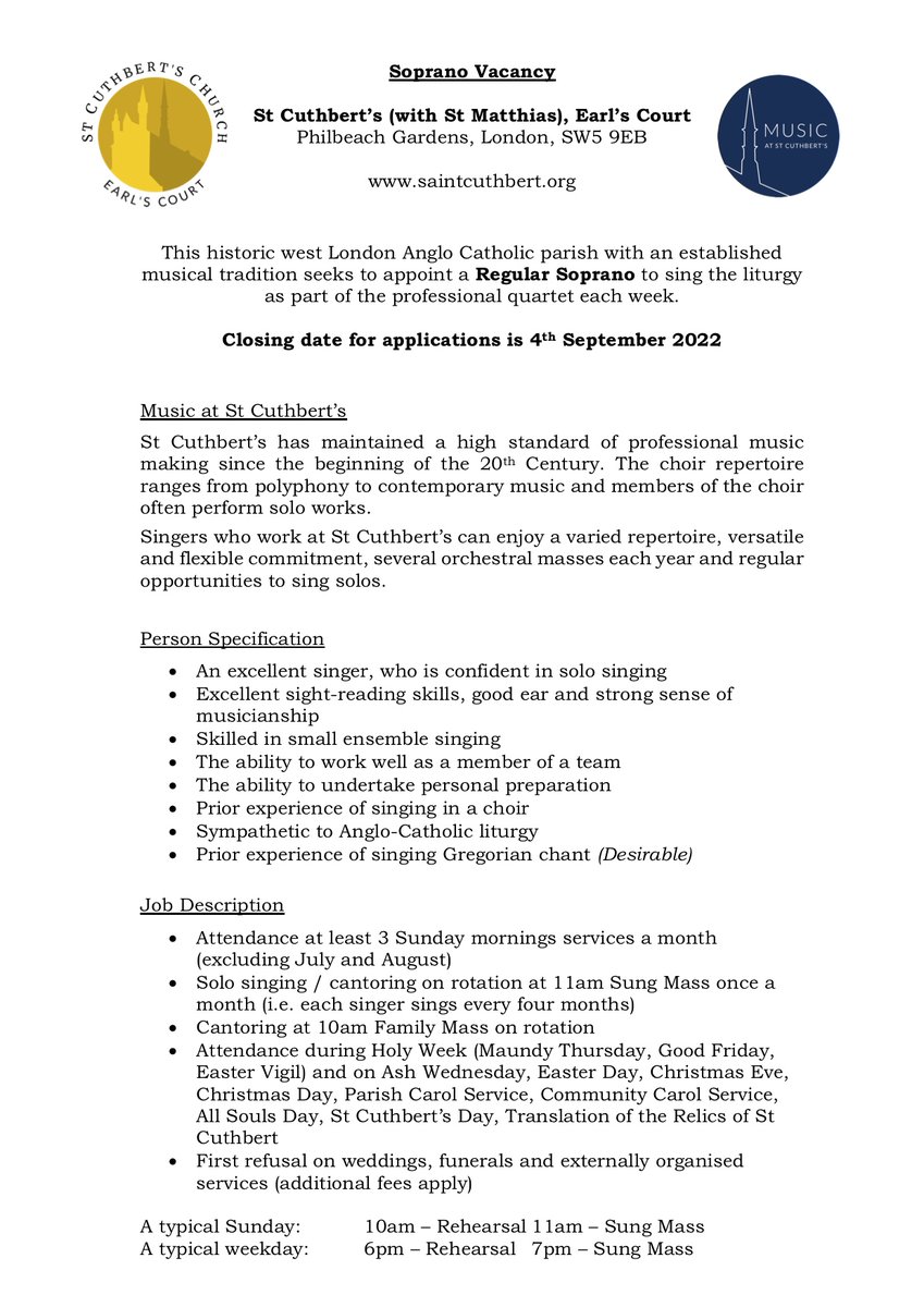 StCuthbertEC's tweet image. We are recruiting a new paid soprano for our regular Sung Masses! Advert below. Please let those who might be interested know.