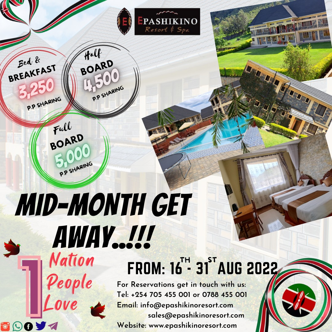 The better part of this month has been really stressful for all of us and everybody is yearning for that peace of mind. Then why not get away from it all at #epashikinoresortandspa where every experience is twice the comfort..twice the value.! So...USIWACHWE NYUMA NA HII OFFER!!