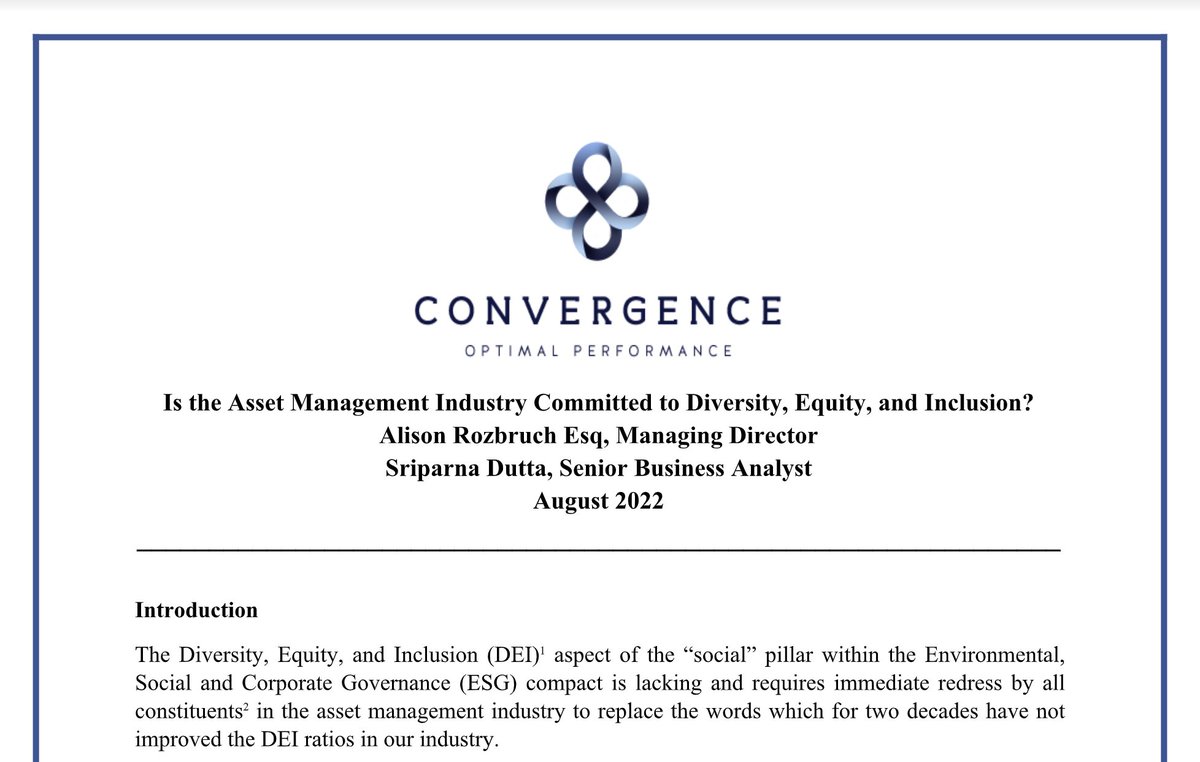 ConvergenceLLC's tweet photo. In our latest whitepaper on DEI, “Is the #AssetManagement Industry Committed to #Diversity, #Equity, and #Inclusion?” we examine diversity within C-Suites across asset managers over the last three years.

Click the link to read: https://t.co/ZT5LTRtxOh https://t.co/dqq827DcZ4