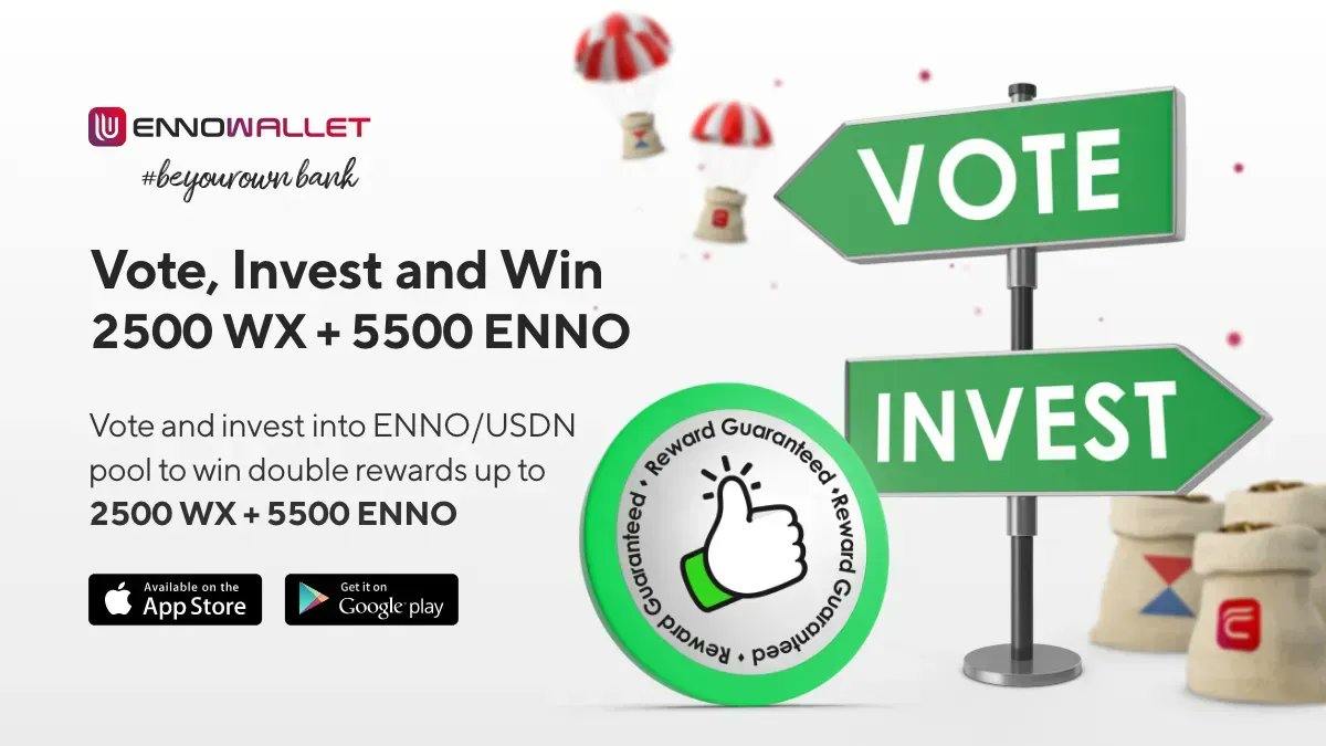 EnnoWallet's tweet photo. Not winning is impossible! 🤑 All rewards are guaranteed! Vote, Invest &amp; Share! Win up to 2500 $ENNO+2500 $WX for voting! Win more 2500 $ENNO by adding liquidity to the pool. Spread the word by tagging 2✌️of your friends for an extra 500 $ENNO. Visit 👉 https://t.co/RJLKIDqMPx https://t.co/fxtMh1Ao7w