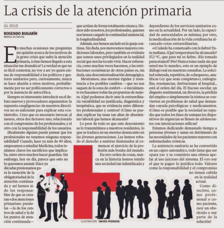 Javier G Álvarez (@javigalvarez) on Twitter photo “La asistencia sanitaria se ha convertido en un cajero automático, todo tiene que ser para ya y se considera una ofensa apelar al uso juicioso del sistema”
La crisis de la Atención Primaria… <a href="/BugarinRosendo/">Rosendo Bugarín</a> en <a href="/lavozdegalicia/">La Voz de Galicia</a> <a href="/SEMERGENGal/">SEMERGEN Galicia</a> “La asistencia sanitaria se ha convertido en un cajero automático, todo tiene que ser para ya y se considera una ofensa apelar al uso juicioso del sistema”
La crisis de la Atención Primaria… <a href="/BugarinRosendo/">Rosendo Bugarín</a> en <a href="/lavozdegalicia/">La Voz de Galicia</a> <a href="/SEMERGENGal/">SEMERGEN Galicia</a>