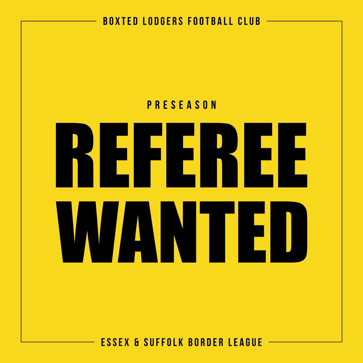 Referee needed urgently for this Saturday.
(20th August) for two friendlies: 1pm KO and 3pm KO

If interested please get in contact asap!

#boxtedlodgers
#ESBL
#RefereeFootball