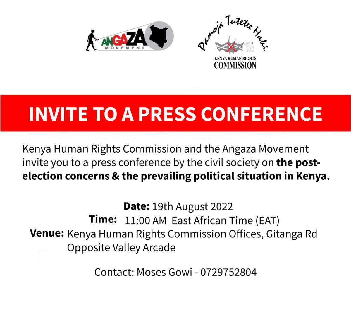 Good evening. The <a href="/thekhrc/">KHRC</a> &amp; <a href="/AngazaMovement/">Angaza Movement</a> invites you to a press conference by the civil society on the post-election concerns &amp; the prevailing political situation in the country.

Please provide coverage. Cc <a href="/ICJKenya/">ICJ Kenya</a> <a href="/JFJustice/">JFJustice</a>