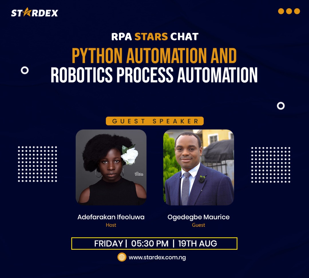 Stardex_tech's tweet photo. Mark your calendar, and set your reminder to attend this Friday's RPA Stars Chat.

1 day to go!!!
Register: https://t.co/8QIhAxDyRg

#rpastarschat #rpacareer #rpa #stardex https://t.co/0F5It1HFWY