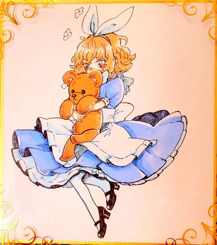 1girl stuffed toy stuffed animal teddy bear dress blonde hair blue eyes  illustration images