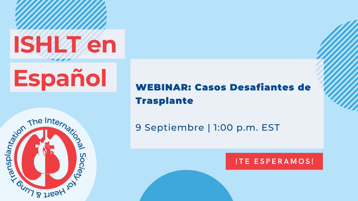The ISHLT (@ishlt) on Twitter photo Recuerda registrarte al #webinar de #ISHLTenEspaรฑol! Unirse el 9 de Septiembre, en el que profundizaremos sobre los casos desafiantes de trasplante. Regรญstrarte ahora: bit.ly/3zzqpNa
<a href="/MartaFarrero/">Marta Farrero</a> <a href="/paomorejon/">Paola Morejรณn Barragรกn</a> <a href="/AMBertolotti/">Alejandro Bertolotti</a> <a href="/mgomezbueno/">Manuel Gรณmez Bueno</a> <a href="/EduZatarain/">Eduardo Zatarain</a> #ISHLTenEspanol Recuerda registrarte al #webinar de #ISHLTenEspaรฑol! Unirse el 9 de Septiembre, en el que profundizaremos sobre los casos desafiantes de trasplante. Regรญstrarte ahora: bit.ly/3zzqpNa
<a href="/MartaFarrero/">Marta Farrero</a> <a href="/paomorejon/">Paola Morejรณn Barragรกn</a> <a href="/AMBertolotti/">Alejandro Bertolotti</a> <a href="/mgomezbueno/">Manuel Gรณmez Bueno</a> <a href="/EduZatarain/">Eduardo Zatarain</a> #ISHLTenEspanol